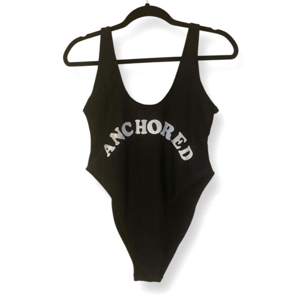 Boohoo One Piece "Anchored" Slogan  Black Swimsuit